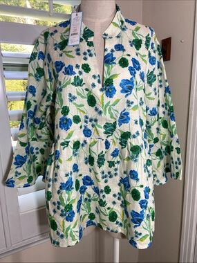 Draper James Linen Top XL Blue/Green Floral Bell Sleeve Babydoll Cottagecore NWT